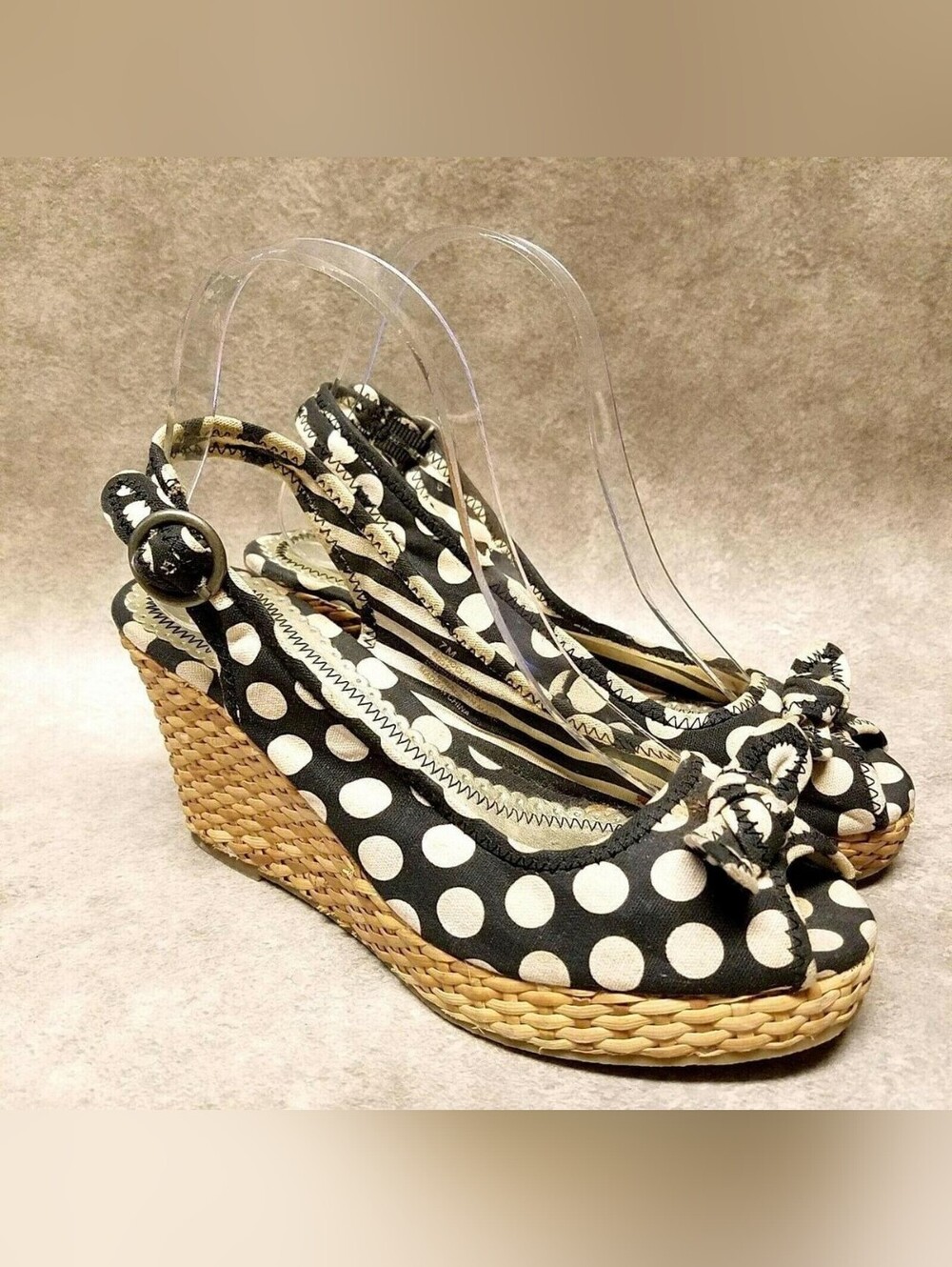 BONGO Black & White Polka Dot Slingback Wedge Sandals